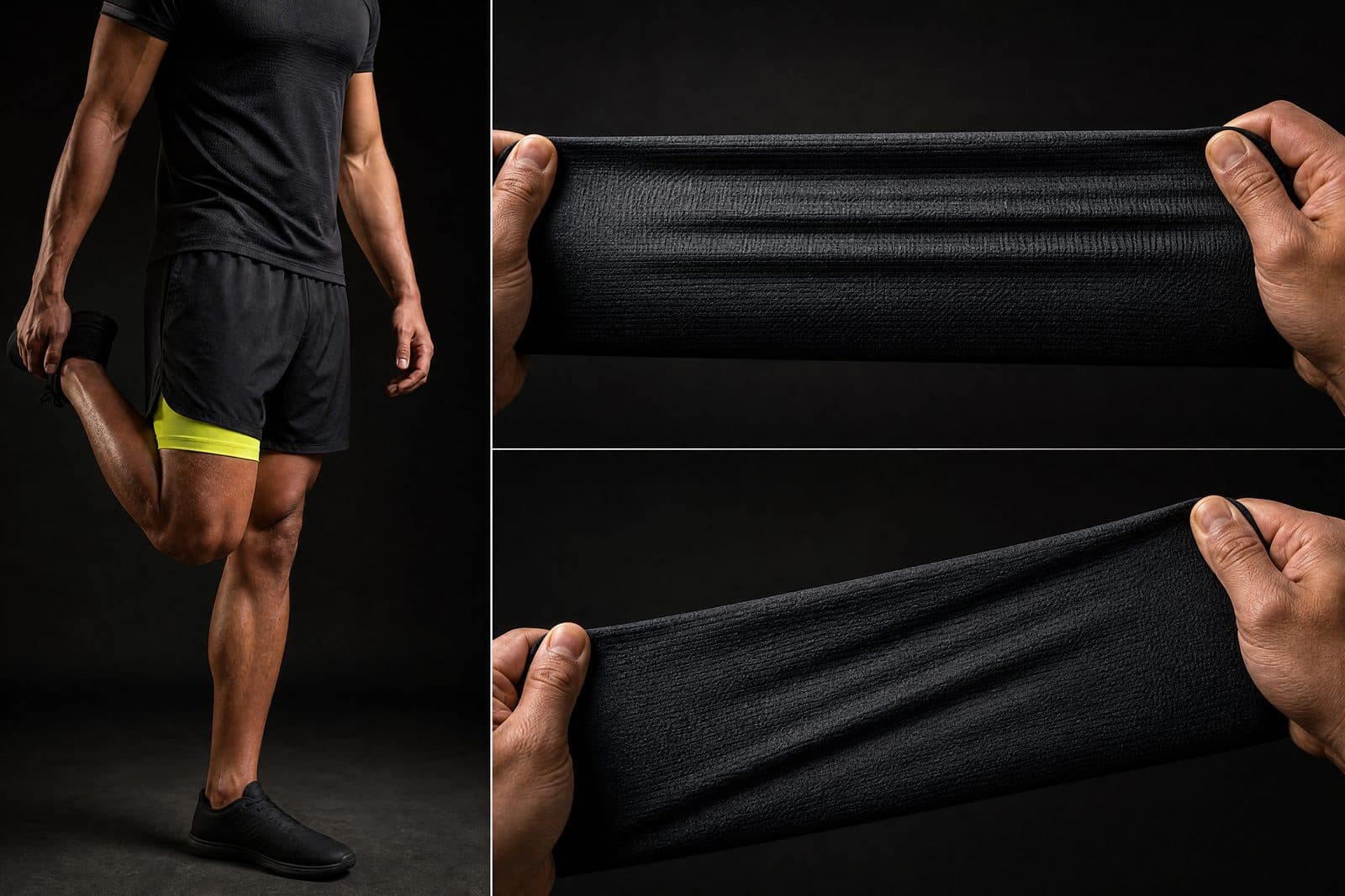 Two swatches of dark technical knit held under tension, one pulled along its length and one pulled diagonally, showing how the knit distorts differently