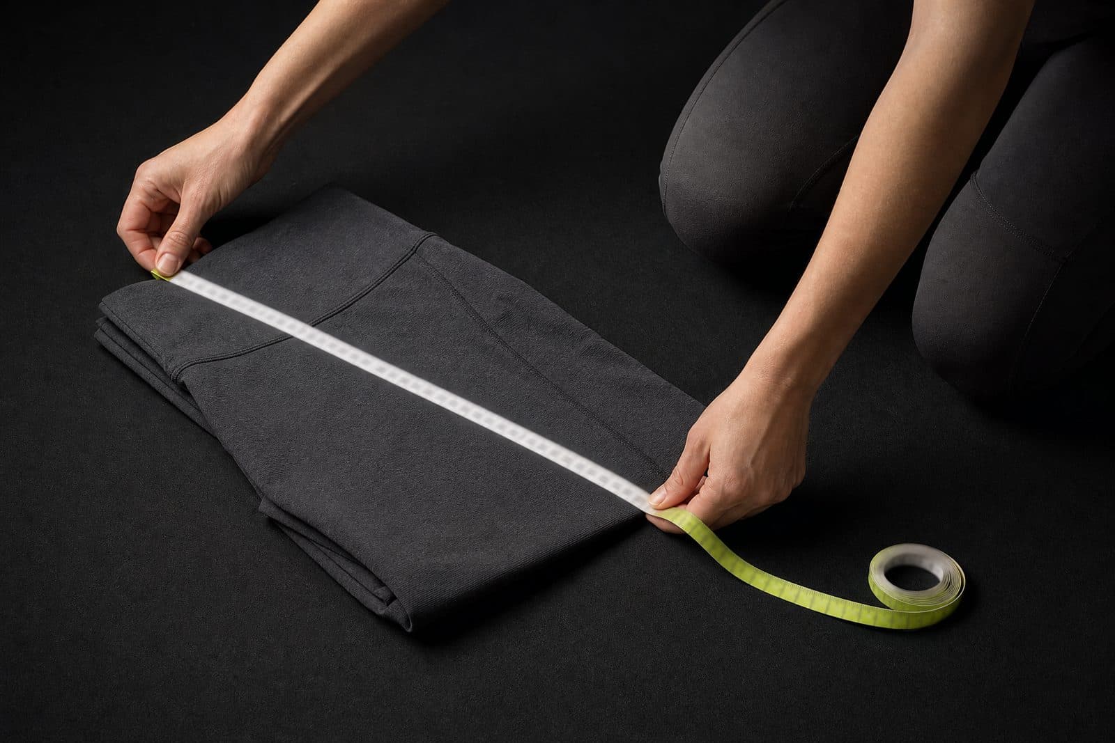 A cloth tape measure laid across a folded legging on a dark surface, arranged as a measurement documentation photograph